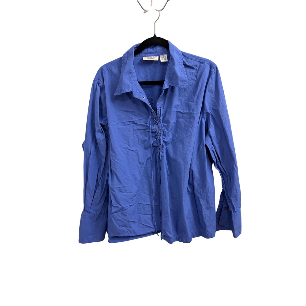 Blouse Lace Up Cottage New York City Design Co Woman 3X Blue Cotton Long cuff
